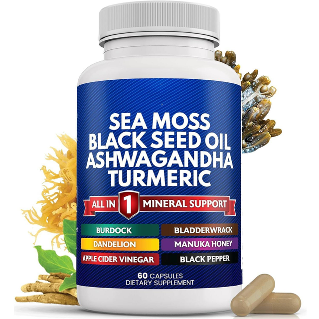OEM Adult Sea Moss Capsules with Turmeric Burdock Supports Energy Digestion & Joint Health Gluten-Free 60 Capsules