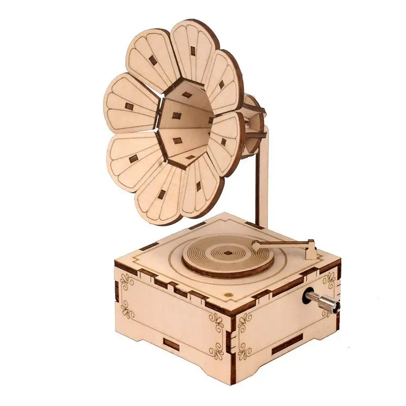 Sáng tạo 3D gramophone Câu Đố tay quay hộp âm nhạc Mô hình gỗ sản xuất khoa học trẻ em giáo dục trang trí đồ chơi