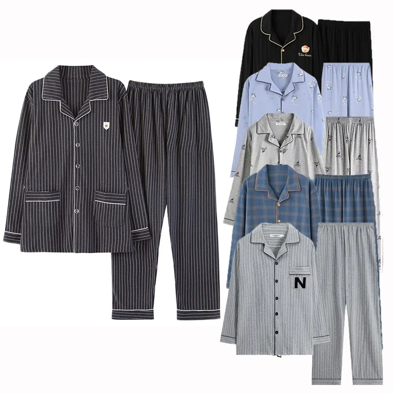 2022 Comfortable Men's cotton Winter home wear Long Sleeve Long Pant Pajama set Loungewear Thermal men's Sleepwear