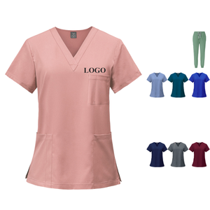 Haut de blouse médicale unisexe de haute qualité, personnalisable, pour hôpital, col en V, manches courtes, en polyester et coton tricoté à l'aiguille - Product Image 3