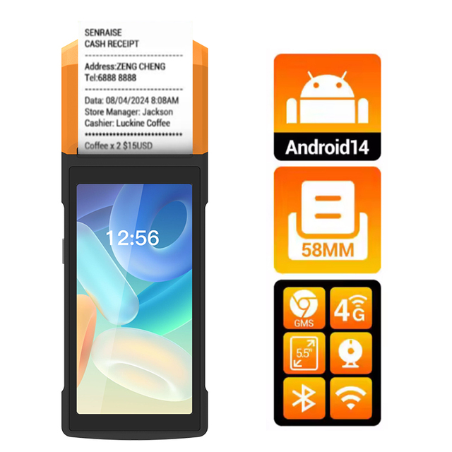 Android 13 5.5-Inch NFC POS System Mobile Cashless Payment Order Terminal Touch Screen USB/WiFi/Bluetooth Card Reader Printer