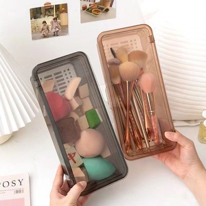 Rectangular Makeup Brush <b>Storage</b> Box With Lid Plastic Cosmetic Organizer For <b>Dressing</b> <b>Table</b> Dormitory Pink And Gray - Product Image 2