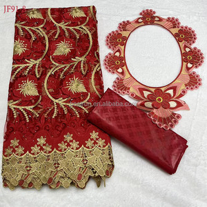 JF91 2.5yards de <span class=keywords><strong>bazin</strong></span> riche + 2.5yards de tissu de dentelle <span class=keywords><strong>africaine</strong></span> avec collier pectoral dentelle de voile suisse de style nigérian pour la <span class=keywords><strong>couture</strong></span> de <span class=keywords><strong>robe</strong></span> - Product Image 2