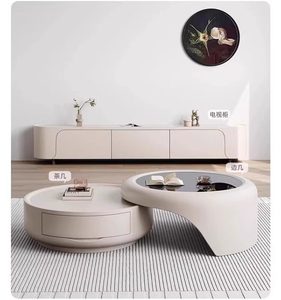 <span class=keywords><strong>Table</strong></span> <span class=keywords><strong>basse</strong></span> ronde de style crème pour appartement, avec plateau en verre, simple et abordable, avec rangement, en promotion - Product Image 2