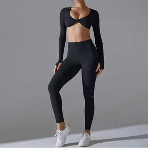 Vêtements d'entraînement de gymnastique personnalisés pour femmes, soutien-gorge de <span class=keywords><strong>sport</strong></span> à manches longues torsadé sur le devant et leggings de yoga, ensembles de fitness 2 pièces - Product Image 6