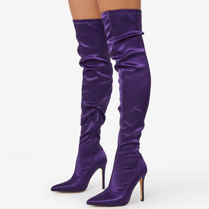 รองเท้าบูทหุ้มข้อทรงแหลมสำหรับผู้หญิง ผ้าเนื้อนุ่มยืดหยุ่น รองเท้าบูทยาวเหนือเข่า ส้นสูงบาง รองเท้าส้นสูงสำหรับฤดูใบไม้ผลิ - Product Image 1