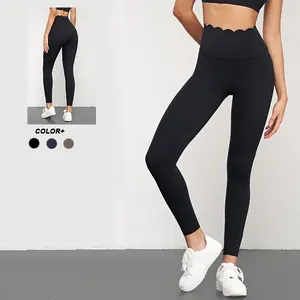 Wholesale Custom Logo Scalloped High Waist Yoga Leggings Factory Supply Tummy Control Womens Sports Pants 80nylon 20spandex