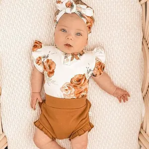 סיטונאי תינוק בנות Romper מזדמן פרח מודפס תלבושות בגדי שרוולים קצרים תינוק Rompers