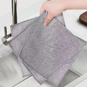 Multi purpose eco friendly reusable kitchen plate dish silver wire microfiber for cleaning cloth rag double-deck