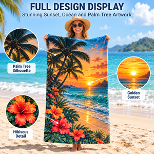 Toalla de playa Tropical Sunset de microfibra de secado rápido con estampado floral, rectangular, lista para la playa, para adultos - Product Image 4