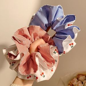 Elastici per capelli a doppio strato in stile coreano con motivo scozzese e ciliegie, elastici grandi a righe rosse e blu, fasce per capelli alla moda per donna - Product Image 2