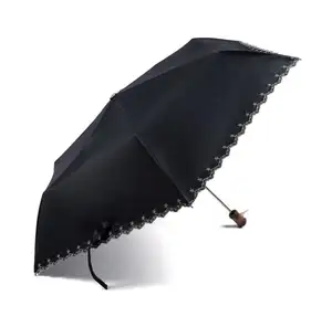 Black And White Automatic Vinyl Advertising Umbrella Anti UV Three-fold Embroidered Edge Folding Sun Umbrellas