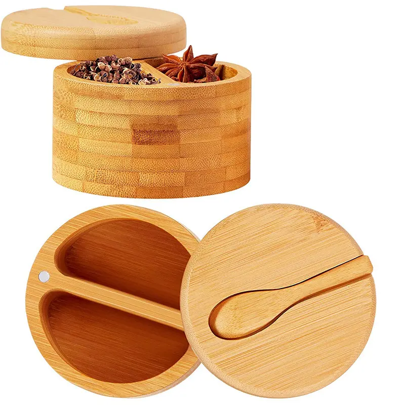 Acacia Wood Salt Cellar Bowl Box with Built-in Spoon to avoid Dust Elegant Kitchen Salt Container Holder with Swivel Magnetic