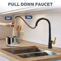 Robinet de cuisine extractible moderne noir brossé et or, arc de 16,38 po de hauteur, matériaux personnalisables et cartouche en céramique, solutions OEM