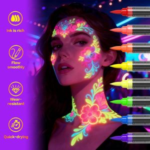 Stylo de <span class=keywords><strong>peinture</strong></span> corporelle lumineux 8 couleurs, stylo de maquillage pour le visage au néon UV, stylo de tatouage lavable pour la peau, pour le maquillage de fête - Product Image 5