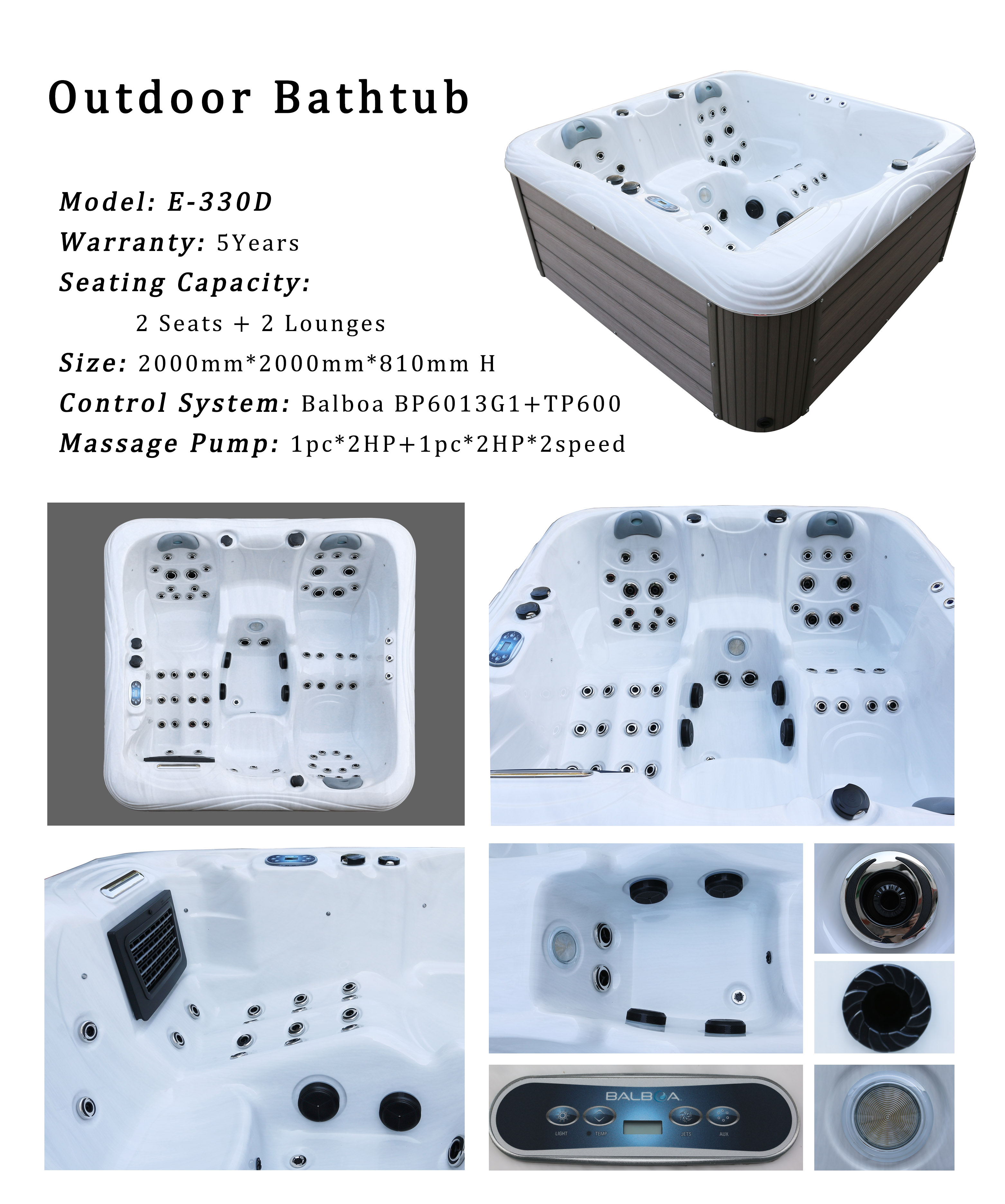 4 Seats Outdoor Soaking Hot Tubs Spa Bathtub With Wireless Bluetooth