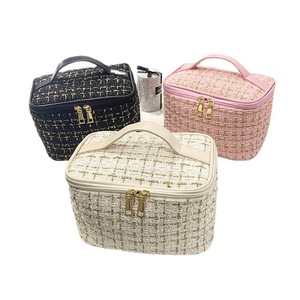 Tweed Style <b>Large</b> Capacity Cosmetic <b>Bag</b>, Portable Travel <b>Makeup</b> Organizer, Fashion Tweed Toiletry <b>Bag</b> with Handle for Women - Product Image 1