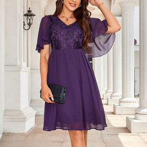 Gaun renda berpayet kerah V lengan pendek gaun Tulle A-line elegan pengiring pengantin pesta kasual - Product Image 2