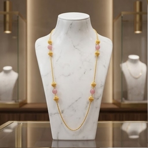 Collier Mala antique en argent 925 avec perles roses, longue chaîne traditionnelle, bijoux ethniques pour femmes, à porter au quotidien, cadeau de mariage - Product Image 1