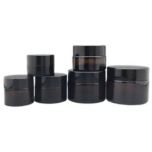 5ml 10ml 15ml 20ml 30ml 50ml amber glass round cosmetic cream jars with black plastic lids