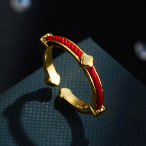 Red <b>String</b> Four Leaf Clover Open Ring Brass Plated <b>Gold</b> Twisted Cord Adjustable Unisex Jewelry Gift - Product Image 1