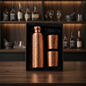 Artisan Copper <b>Flask</b> Water Bottle and <b>2</b> <b>Cups</b> Set Herringbone Carved Pattern Luxury Portable Drinkware Gift Box - Product Image 1