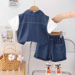 Conjunto de Ropa de Verano 2025 para Niños, Pantalones Cortos de Manga Corta, <span class=keywords><strong>Chaleco</strong></span> <span class=keywords><strong>Vaquero</strong></span> para Niños y Niñas, Traje de Tres Piezas, Jeans Elegantes al por Mayor - Product Image 5