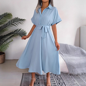 Abito lungo estivo da donna 2026 con bottoni, colletto, <span class=keywords><strong>maniche</strong></span> corte, cintura in vita, vestibilità ampia, tinta unita - Product Image 4