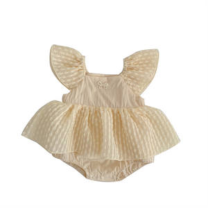 ชุดรอมเปอร์ผ้าฝ้ายแบบเรียบติดป้ายได้ตามต้องการชุดบอดี้สูทเด็กทารกแรกเกิดคอสี่เหลี่ยมแขนกระพือ - Product Image 1