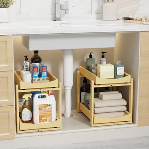 Organisateur sous évier en bambou, hauteur réglable, 2 niveaux, pour salle de bain, rangement coulissant pour armoire, étagère coulissante robuste pour cuisine - Product Image 1
