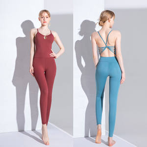 Ensemble 2 pièces de <span class=keywords><strong>yoga</strong></span> taille basse STYLE TZ505L avec soutien-gorge de sport dos croisé, respirant, infroissable, logo uni sur le devant, sans coutures - Product Image 2