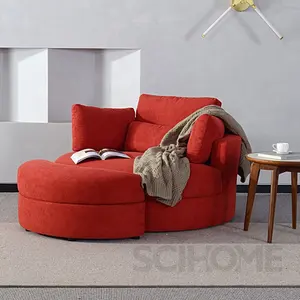 Grand fauteuil de canapé rond en tissu de lin pivotant avec pouf de rangement et oreillers