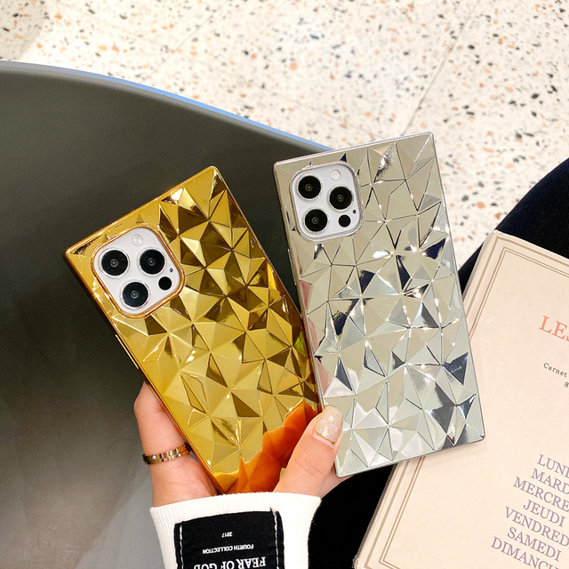 Luxury 3D Diamond Texture Plating Gold Silver Shockproof Rectangle Edge Flexible Soft TPU Phone Case for iPhone 13 12 11 Pro Max