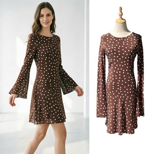 Vestido Mini de Seda con Cuello Barco y Estampado de Puntos Color Caramelo, Estilo Vintage Francés, Largo hasta la Rodilla, para Mujer - Product Image 1