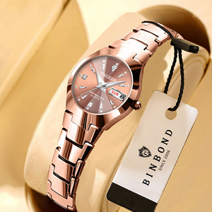 Fingeen Women's Quartz Watch Rose Gold Stainless Steel Band Waterproof Date Week Display Analog Thin Bracelet Watch - Product Image 1