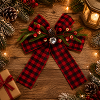 Décoration de Noël artificielle : Nœud en ruban à carreaux Buffalo avec pomme de pin, baies, verdure et clochette pour couronne, porte et décoration intérieure