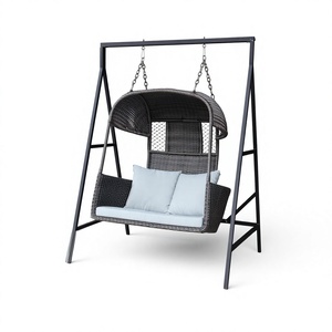 Fauteuil suspendu en osier d'extérieur avec support métallique, causeuse en rotin gris et coussins bleu clair pour terrasse et jardin - Product Image 1