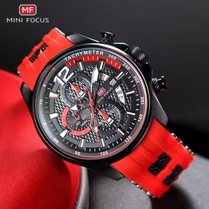 Montre rouge MINI FOCUS pour homme, montre-bracelet à quartz chronographe de luxe tendance avec bracelet en silicone, aiguilles lumineuses, date, étanche 0350 - Product Image 1
