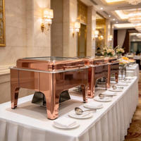Chauffe-Plat Commercial de Luxe Premium Carré Or Rose avec Couvercle en Verre et Charnière Hydraulique pour Buffet