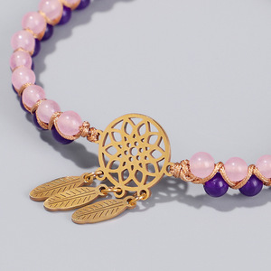 Gold Stainless Steel <strong>Dreamcatcher</strong> Jewelry Agate Pink Crystal Energy Natural Stone Beads Two Double Layers <strong>Bracelet</strong> for Women - Product Image 3