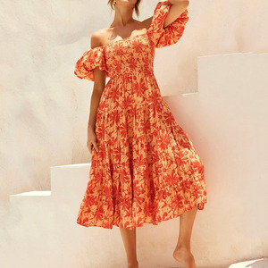 Новое повседневное платье макси из вискозы с гавайским принтом, оборками, пышными рукавами и многослойной юбкой без бретелек, на заказ - Product Image 2