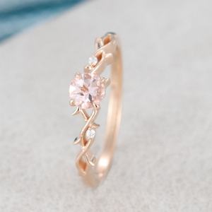 Anillo de Compromiso de Morganita con Corte Redondo, Juego de 2 Piezas, Estilo Vintage Único, Anillo de Compromiso de Oro Rosa con Diseño de Rama, Gran Venta - Product Image 6