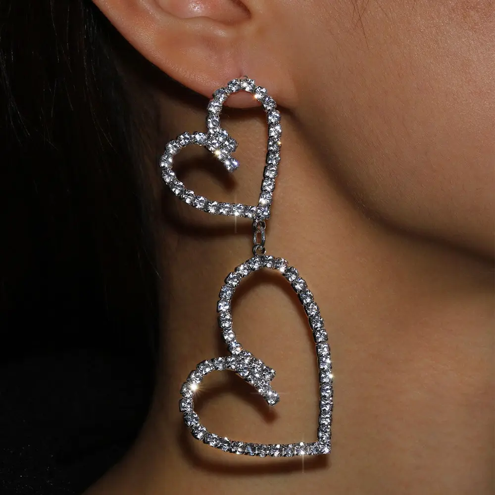 Hot Selling Doppel herz Strass Ohrringe Modetrend glänzende Liebe Herz Diamant Ohrringe für Frauen
