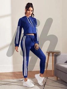 Femmes nouveau Design multicolore sport survêtement bleu rayé à manches longues pantalons de survêtement cordon capuche grande taille automne entraînement - Product Image 4