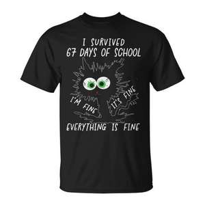 Camiseta con meme de "Sobreviví a 67 días de escuela", camiseta negra con gráfico divertido unisex para adultos - Product Image 1