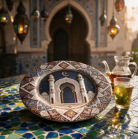 Assiette de Présentation en Plastique 13 Pouces Motif Lune et Étoile pour Mosquée, Vente en Gros, NON Adaptée au Contact Alimentaire