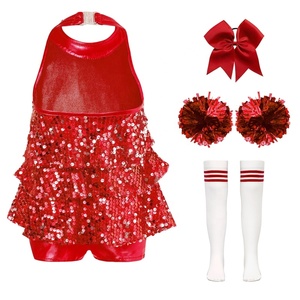 4-16 <b>Girls</b> Kids Cheerleading Uniform Sequin Halter <b>Dress</b> Set with Socks Bow Pom Poms for Toddler Kids Cheer Dance Class - Product Image 5