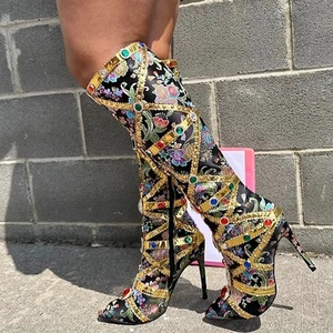 Colorful Diamonds Women's Knee High <b>Boots</b> Pointed Toe Metal Decor Glitter Long Booties Embroidered on Stiletto Heels - Product Image 2