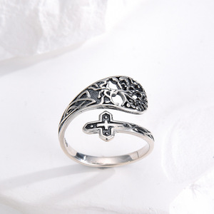 Gioielli Vintage 925 <span class=keywords><strong>argento</strong></span> Sterling albero della vita ossidato e croce anello aperto per le donne - Product Image 2