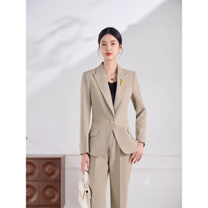 Women's Apricot <b>Blazer</b> And Trousers <b>Set</b> Full Sleeve Formal Anti-Wrinkle Suit For Commute Spring Autumn - Product Image 1